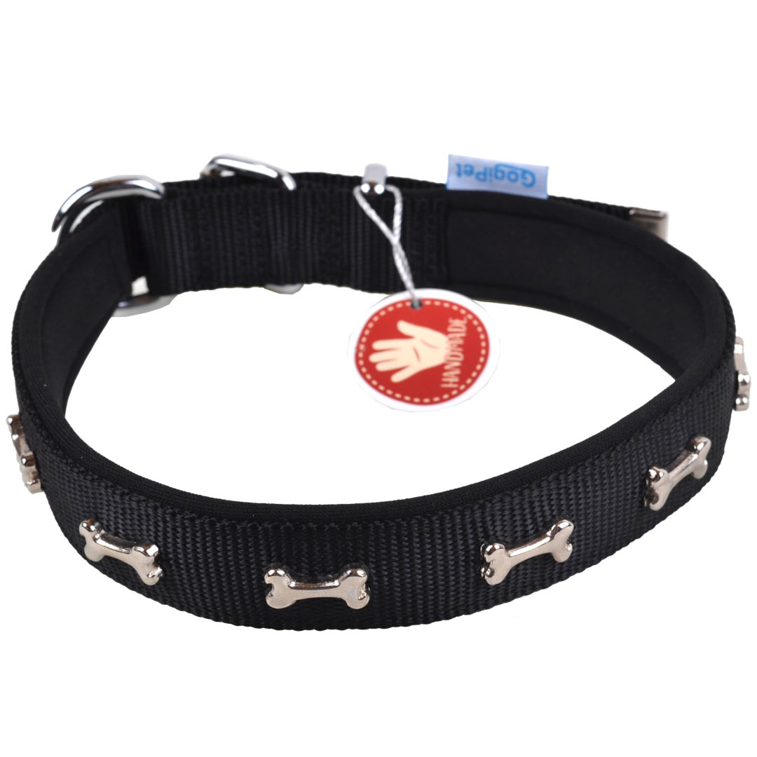 Schwarzes GogiPet® Komfort Hundehalsband mit Knochen für Halsumfang 37-45cm