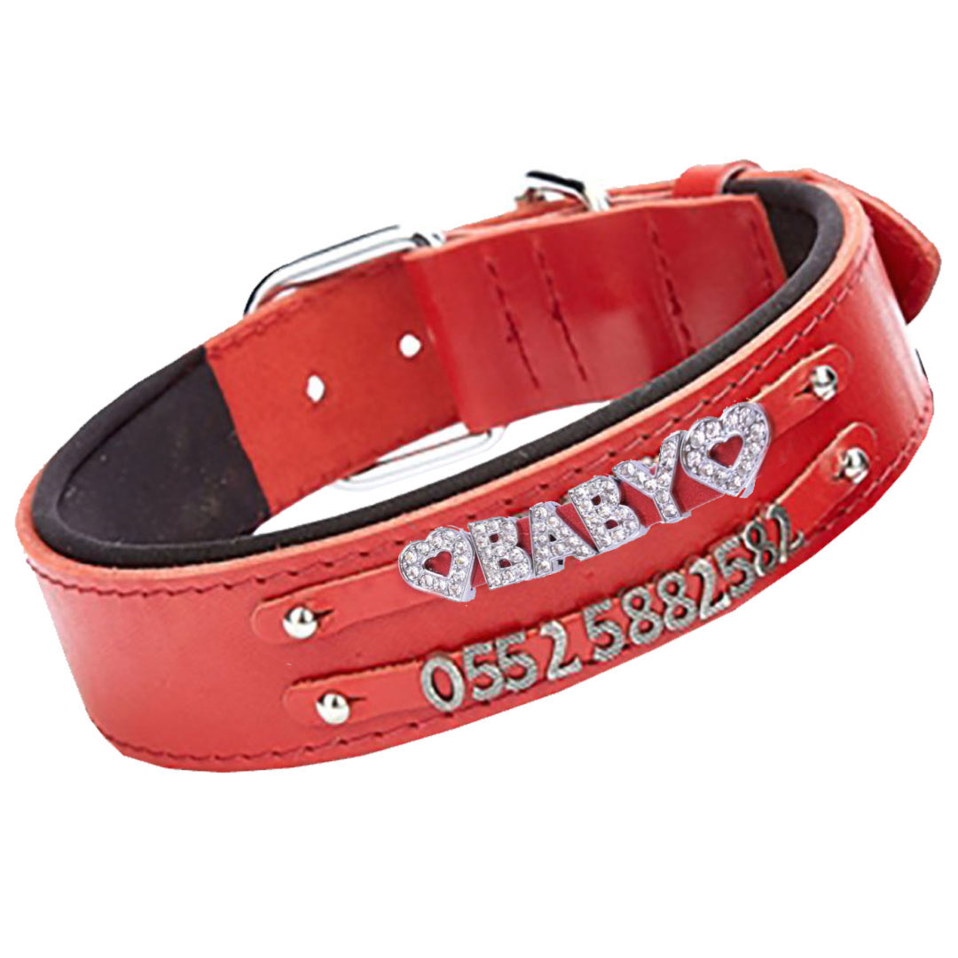 Leder Hundehalsband rot als Namenshalsband oder Nummernhalsband für Metallmotive und Strassmotive