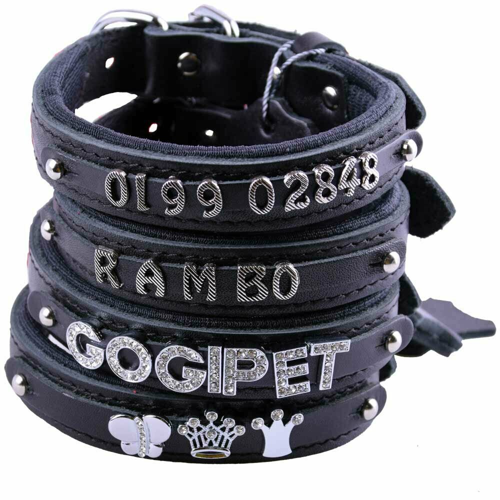 Schwarze Echtleder Hundehalsbänder zum selbst Gestalten mit Buchstaben und Zahlen als Namenshalsbänder